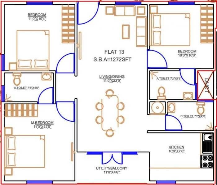 Floor plan of 3 BHK 1272 Sq. Ft. Apartment in Prabhavathi Spring Field, Bangalore
