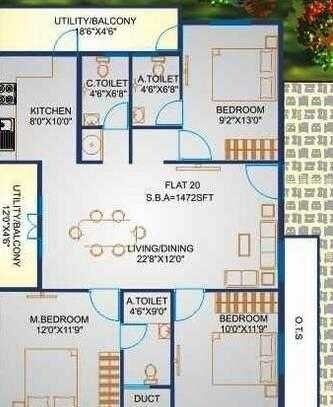 Floor plan of 3 BHK 1472 Sq. Ft. Apartment in Prabhavathi Spring Field, Bangalore