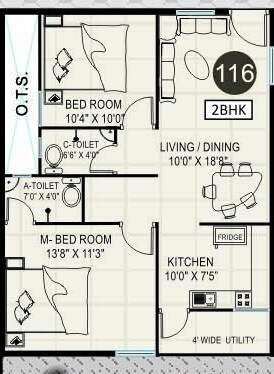 Floor plan of 2 BHK 885 Sq. Ft. Apartment in Pragathi Royale II, Bangalore