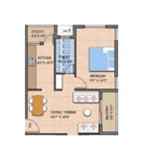 Floor plan of 1 BHK Apartment - 509 sq. ft. in Pragna Ashraya, Bangalore