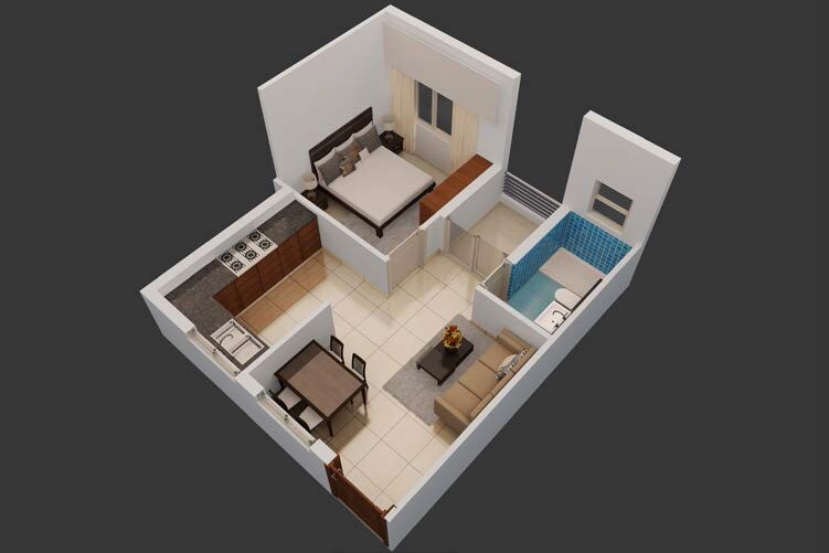 Floor plan of 1 BHK Apartment - 619 sq. ft. in Pragna Ashraya, Bangalore