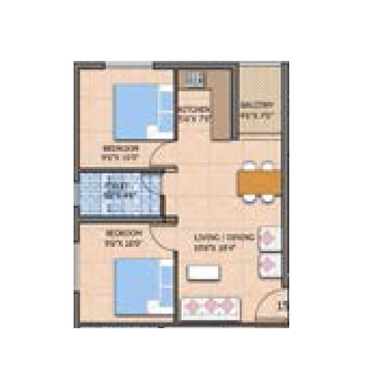 Floor plan of 2 BHK Apartment - 654 sq. ft. in Pragna Ashraya, Bangalore