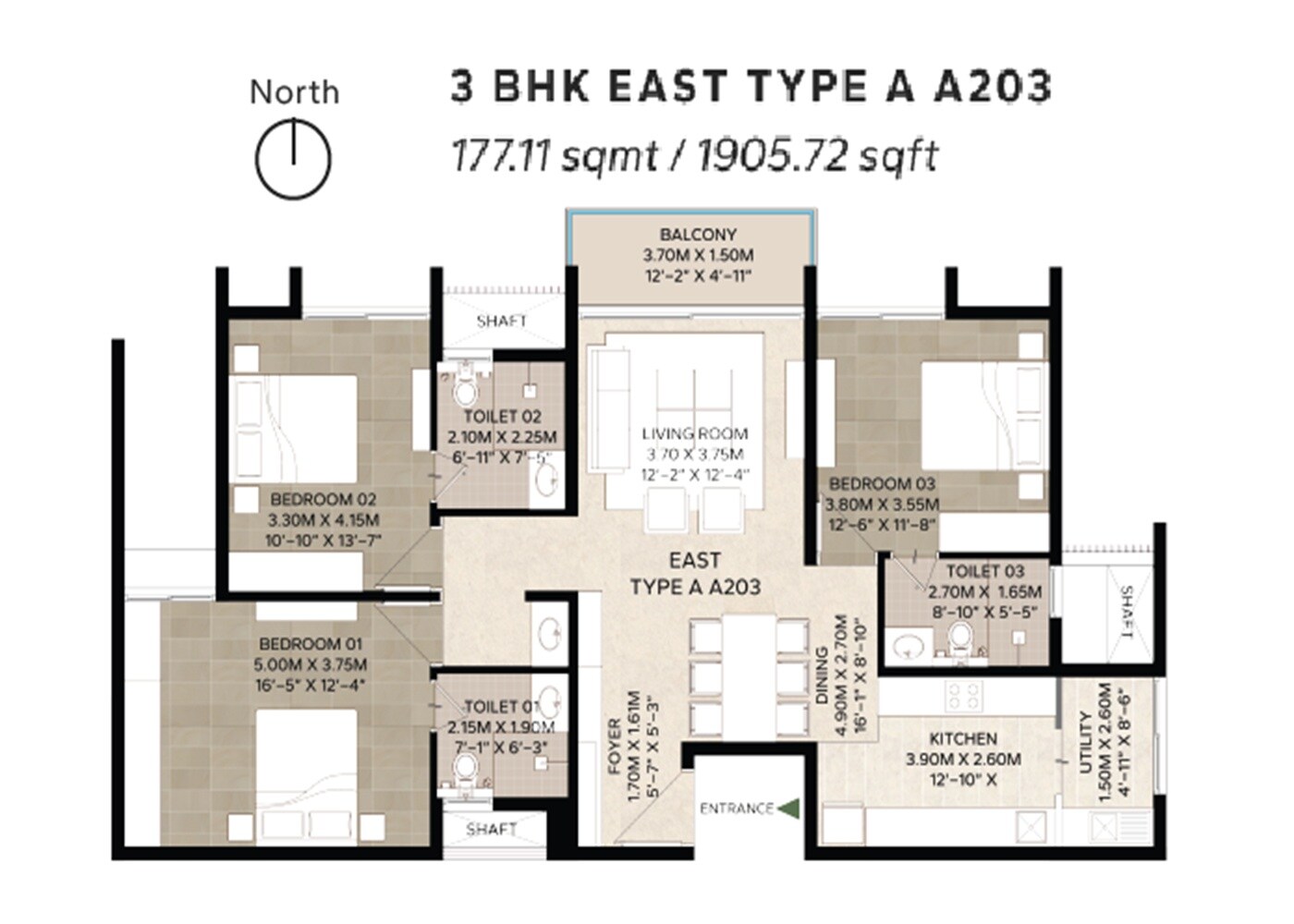 Floor plan of 3 BHK 1905 Sq. Ft. Apartment in Pramuk MM Magnus, Bangalore