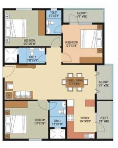 Floor plan of 3 BHK 1505 Sq. Ft. Apartment in Pravahya Richmond Lake View, Bangalore