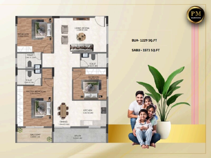 Floor plan of 3 BHK 1573 Sq. Ft. Apartment in Prayuktha PM Garden, Bangalore
