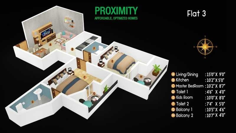 Floor plan of 2 BHK 968 Sq. Ft. Apartment in Preeti Proximity, Bangalore