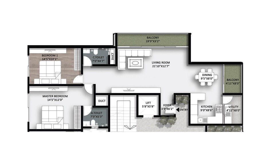 Floor plan of 2 BHK 1168 Sq. Ft. Apartment in Premier Inspira Maplewood, Bangalore