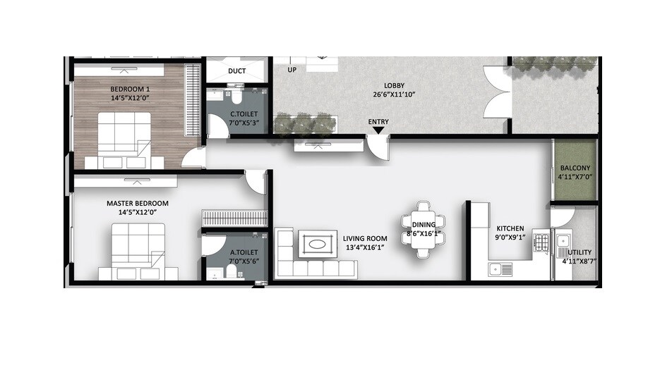 Floor plan of 2 BHK 1283 Sq. Ft. Apartment in Premier Inspira Maplewood, Bangalore