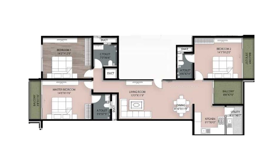 Floor plan of 3 BHK 1633 Sq. Ft. Apartment in Premier Inspira Maplewood, Bangalore