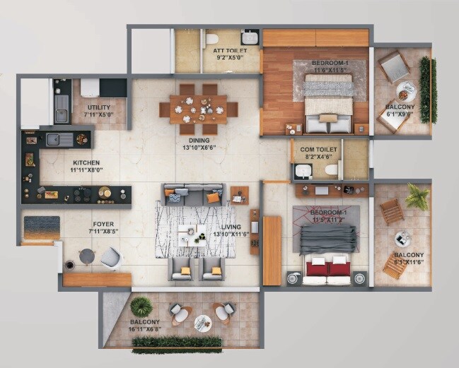 Floor plan of 2 BHK 1470 Sq. Ft. Apartment in Premier Slice Of Heaven, Bangalore