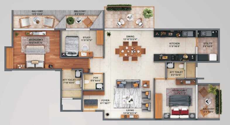 Floor plan of 2 BHK 1749 Sq. Ft. Apartment in Premier Slice Of Heaven, Bangalore