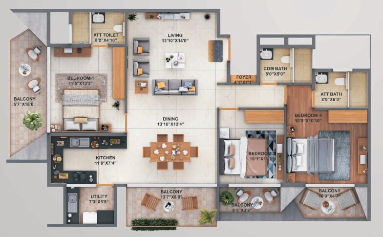 Floor plan of 3 BHK 1911 Sq. Ft. Apartment in Premier Slice Of Heaven, Bangalore