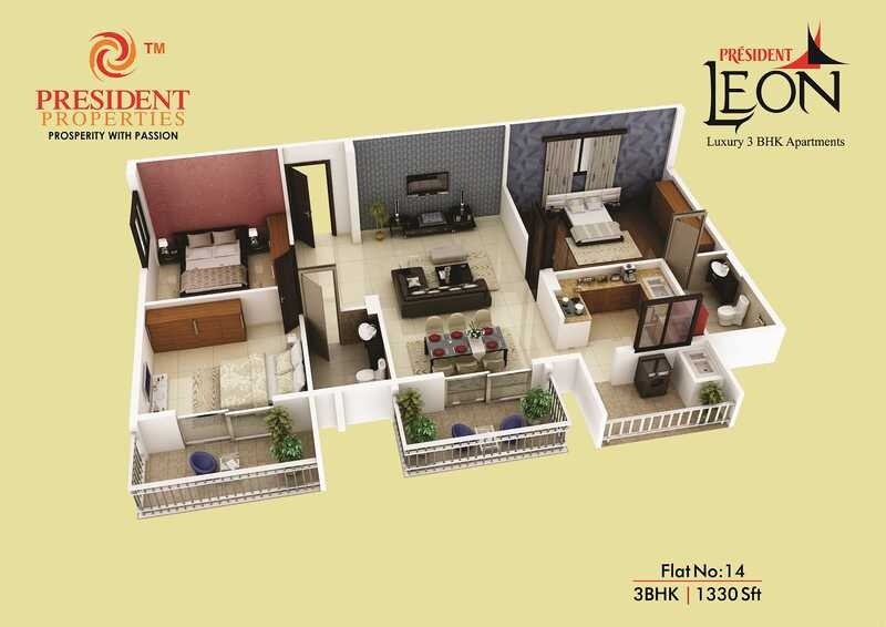 Other, president-leon 3 Bedroom 1330 Sq.Ft. Apartment In Yelahanka Bangalore 9073682