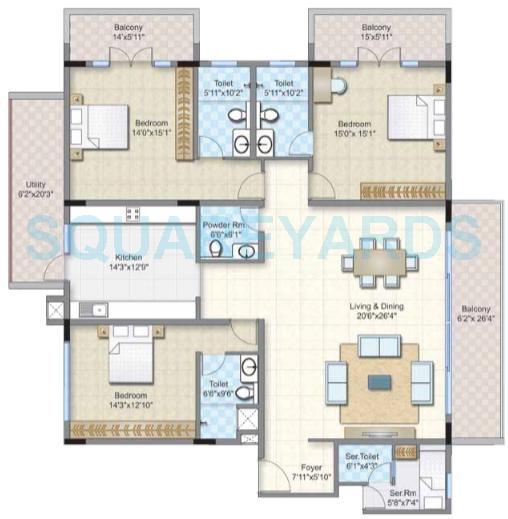 Floor plan of 3 BHK 3770 Sq. Ft. Apartment in Prestige Abshot, Bangalore