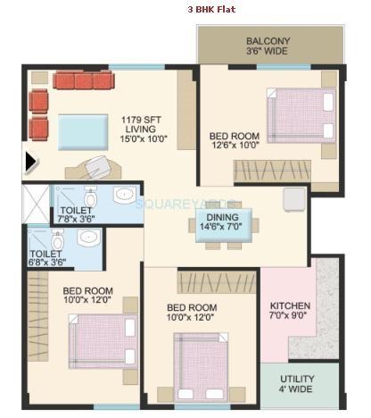 Floor plan of 3 BHK 2292 Sq. Ft. Apartment in Prestige Acropolis, Bangalore