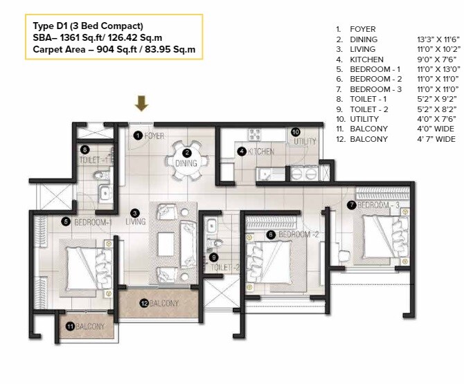  3 BHK Apartment at Avalon Park At The Prestige City, V Kallahalli – for Rent