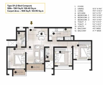  3 BHK Apartment at Avalon Park At The Prestige City, Sarjapur Road – for Sale