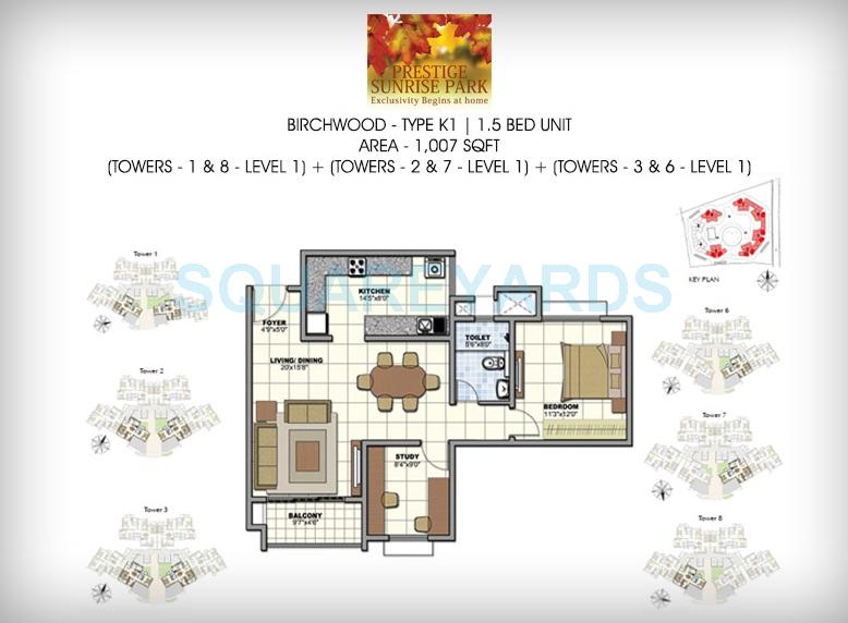 Floor plan of 1 BHK 1023 Sq. Ft. Apartment in Prestige Birchwood, Bangalore