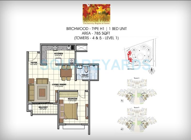 Floor plan of 1 BHK 789 Sq. Ft. Apartment in Prestige Birchwood, Bangalore