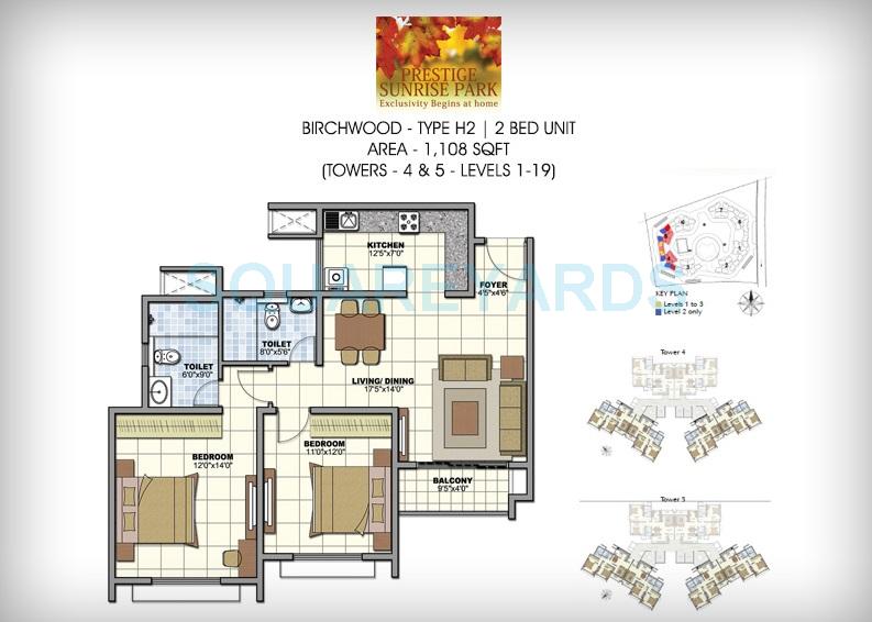 Floor plan of 2 BHK 1108 Sq. Ft. Apartment in Prestige Birchwood, Bangalore