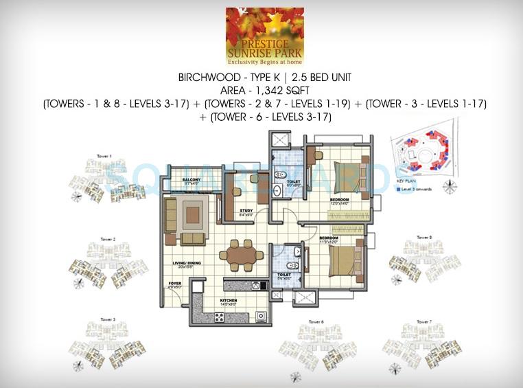 Floor plan of 2 BHK 1341 Sq. Ft. Apartment in Prestige Birchwood, Bangalore