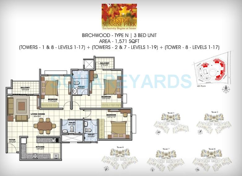 Floor plan of 3 BHK 1576 Sq. Ft. Apartment in Prestige Birchwood, Bangalore