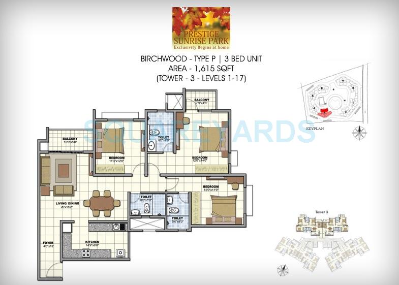 Floor plan of 3 BHK 1615 Sq. Ft. Apartment in Prestige Birchwood, Bangalore