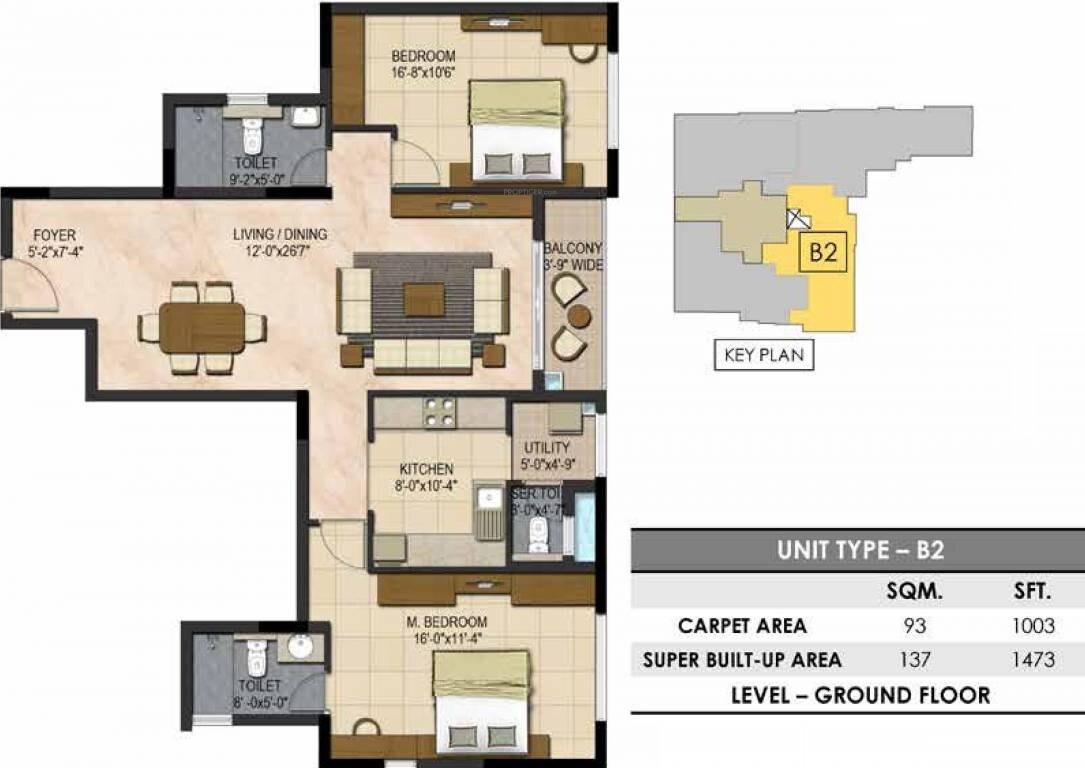 Floor plan of 2 BHK 1473 Sq. Ft. Apartment in Prestige Botanique, Bangalore