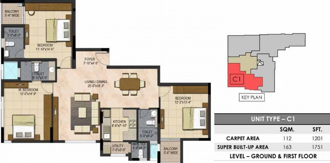 Floor plan of 3 BHK 1751 Sq. Ft. Apartment in Prestige Botanique, Bangalore