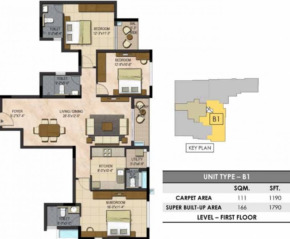 Floor plan of 3 BHK 1790 Sq. Ft. Apartment in Prestige Botanique, Bangalore