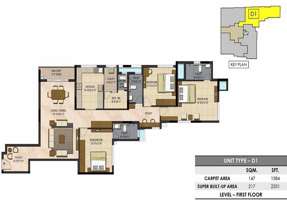 Floor plan of 3 BHK 2331 Sq. Ft. Apartment in Prestige Botanique, Bangalore