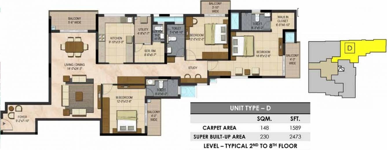Floor plan of 3 BHK 2473 Sq. Ft. Apartment in Prestige Botanique, Bangalore