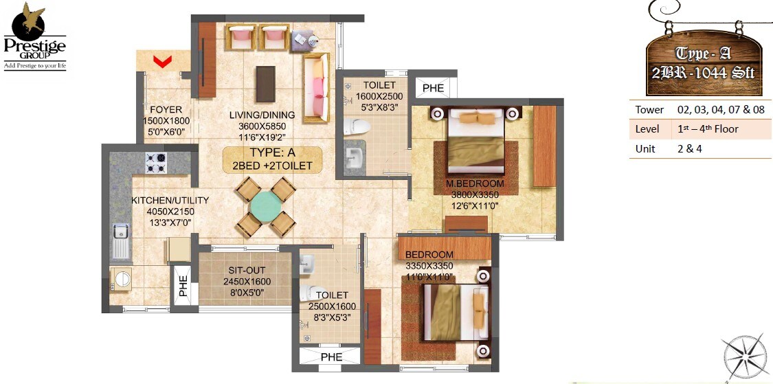 Floor plan of 2 BHK 1044 Sq. Ft. Apartment in Prestige Boulevard, Bangalore