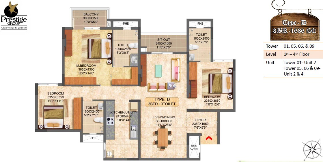 Floor plan of 3 BHK 1636 Sq. Ft. Apartment in Prestige Boulevard, Bangalore