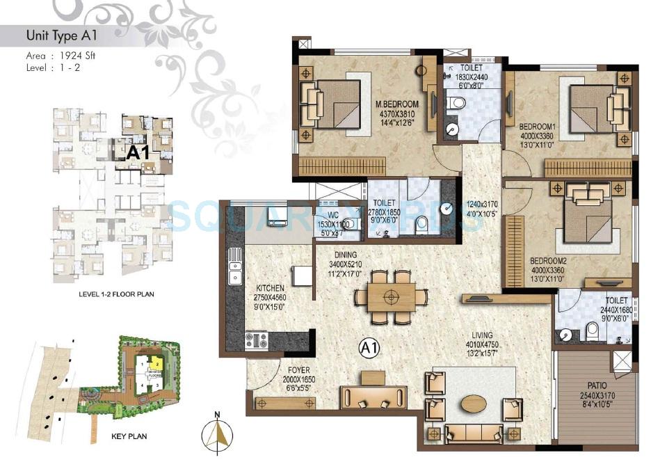 Floor plan of 3 BHK 1875 Sq. Ft. Apartment in Prestige Brooklyn Heights, Bangalore