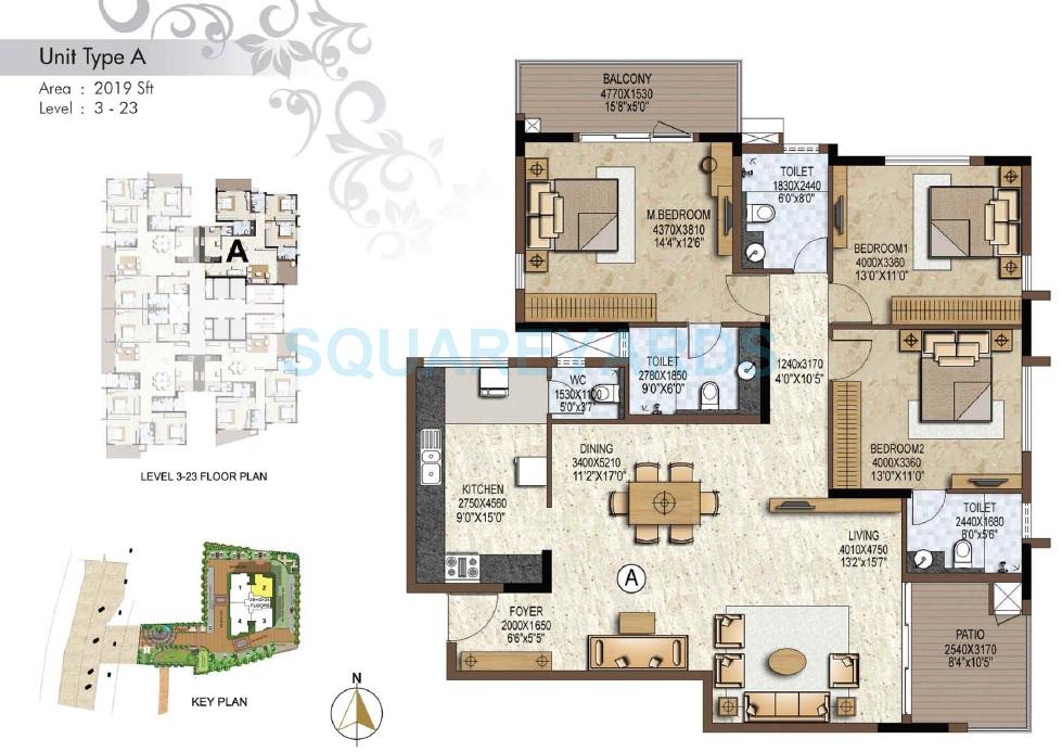 Floor plan of 3 BHK 2019 Sq. Ft. Apartment in Prestige Brooklyn Heights, Bangalore
