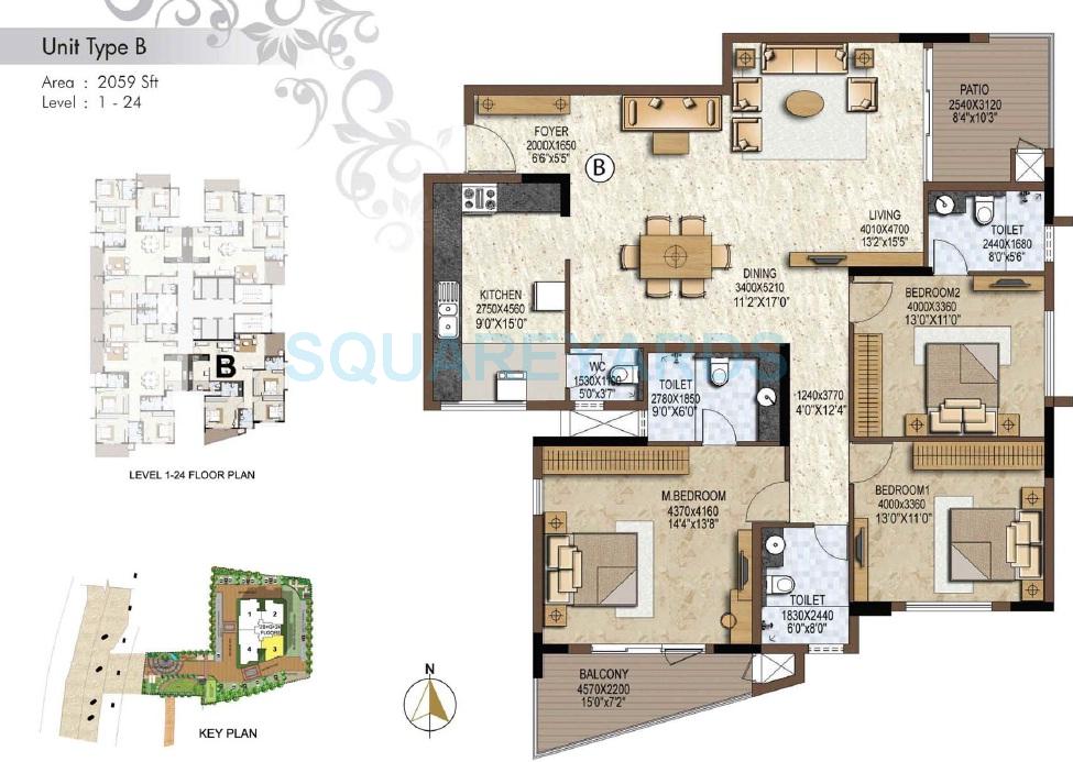 Floor plan of 3 BHK 2059 Sq. Ft. Apartment in Prestige Brooklyn Heights, Bangalore