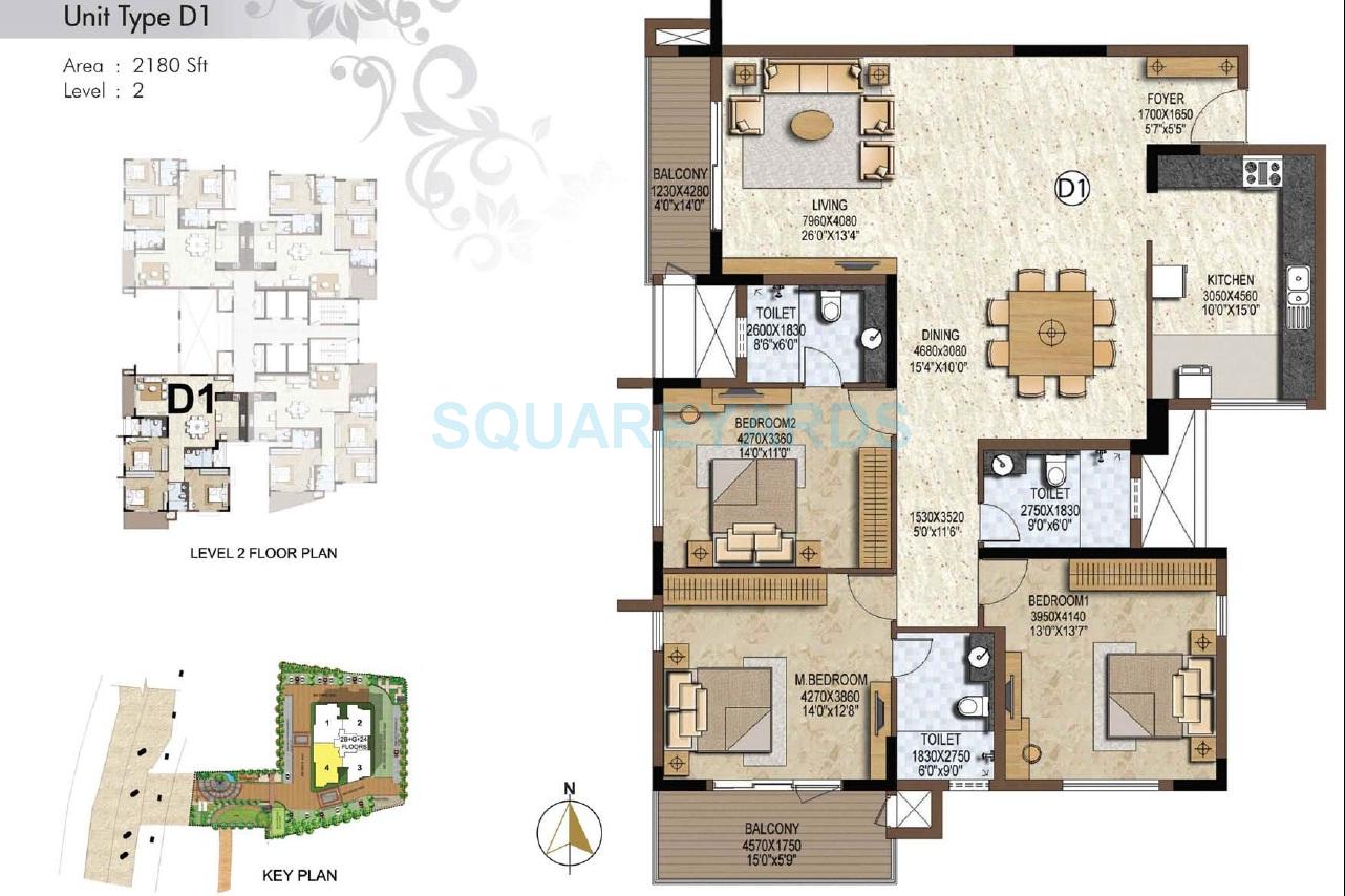 Floor plan of 3 BHK 2200 Sq. Ft. Apartment in Prestige Brooklyn Heights, Bangalore
