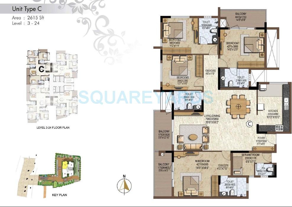 Floor plan of 4 BHK 2615 Sq. Ft. Apartment in Prestige Brooklyn Heights, Bangalore