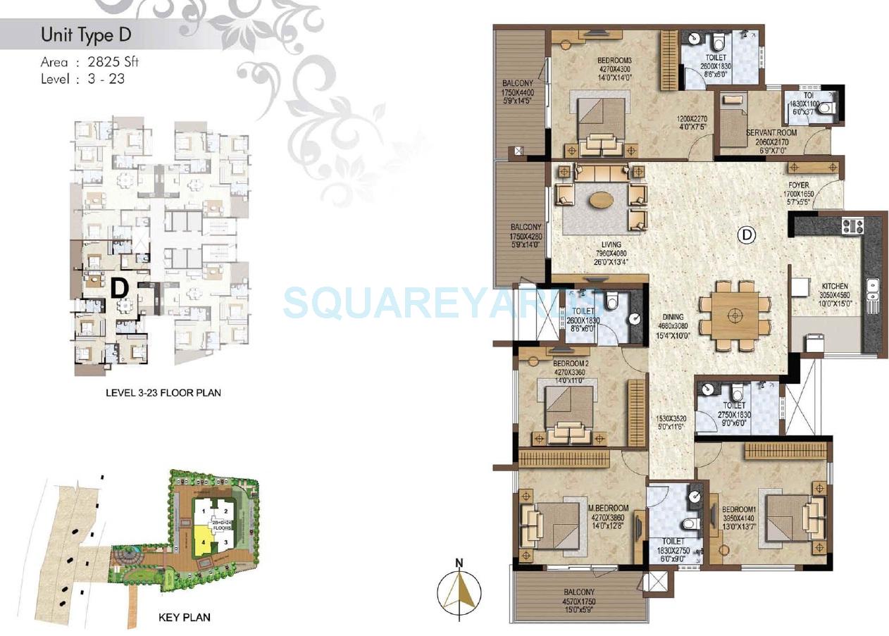 Floor plan of 4 BHK 2825 Sq. Ft. Apartment in Prestige Brooklyn Heights, Bangalore
