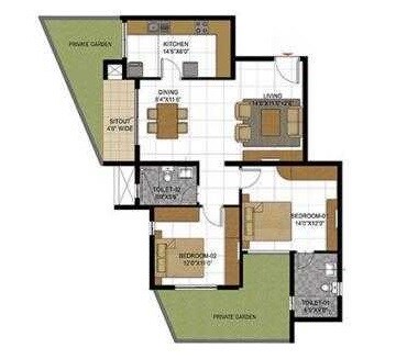 Floor plan of 2 BHK 1246 Sq. Ft. Apartment in Prestige Casabella, Bangalore