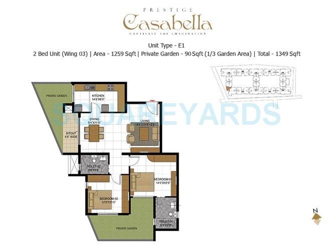 Floor plan of 2 BHK 1349 Sq. Ft. Apartment in Prestige Casabella, Bangalore