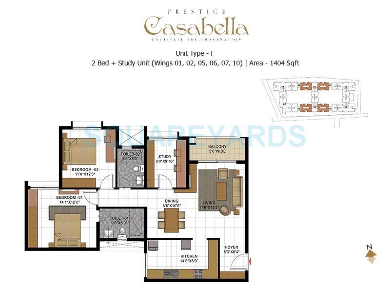 Floor plan of 2 BHK 1404 Sq. Ft. Apartment in Prestige Casabella, Bangalore