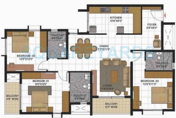 Floor plan of 3 BHK 1650 Sq. Ft. Apartment in Prestige Casabella, Bangalore