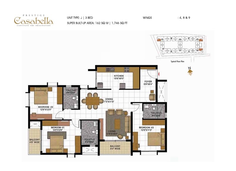 Floor plan of 3 BHK 1746 Sq. Ft. Apartment in Prestige Casabella, Bangalore