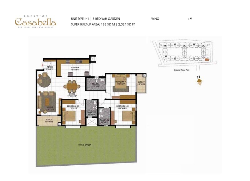 Floor plan of 3 BHK 2046 Sq. Ft. Apartment in Prestige Casabella, Bangalore