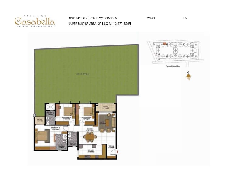 Floor plan of 3 BHK 2271 Sq. Ft. Apartment in Prestige Casabella, Bangalore
