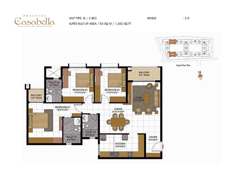 Floor plan of 3 BHK 1650 Sq. Ft. Apartment in Prestige Casabellaa, Bangalore