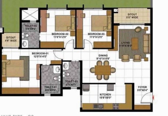 Floor plan of 3 BHK 2271 Sq. Ft. Apartment in Prestige Casabellaa, Bangalore