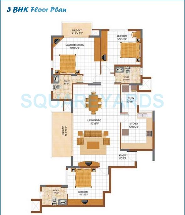 Floor plan of 3 BHK 2510 Sq. Ft. Apartment in Prestige Clarke Woods, Bangalore